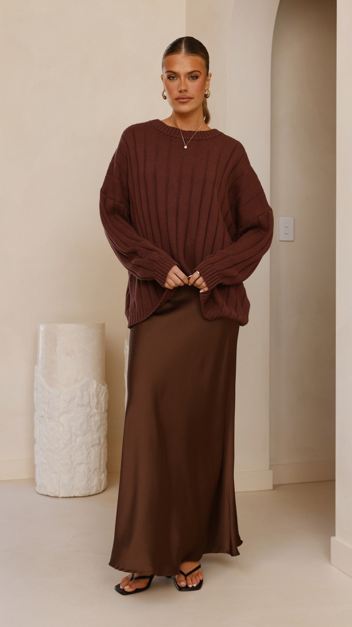 Naiva Oversized Wide Rib Crew Neck Cotton Jumper – Brown – view 6