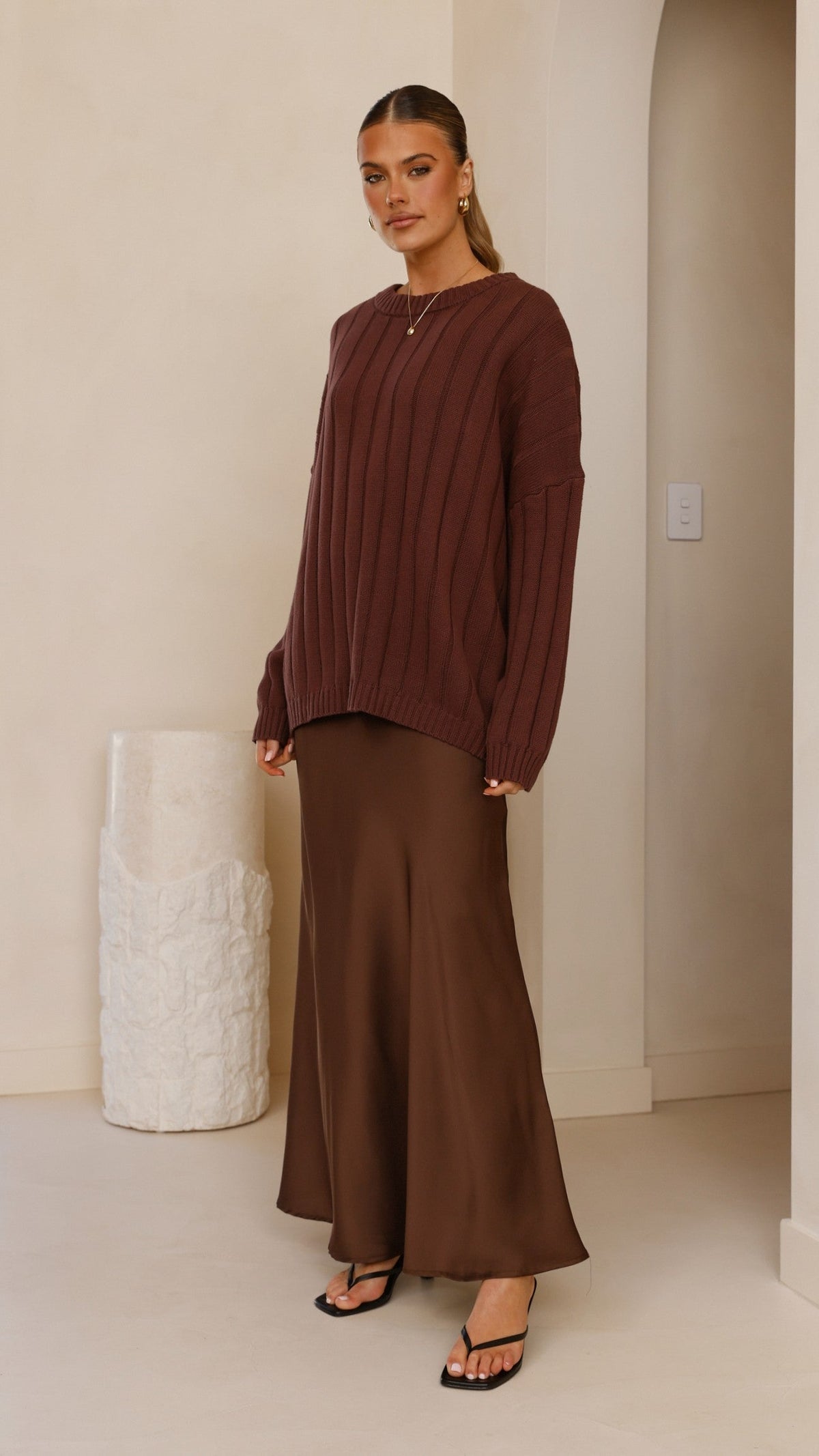 Naiva Oversized Wide Rib Crew Neck Cotton Jumper – Brown – view 11
