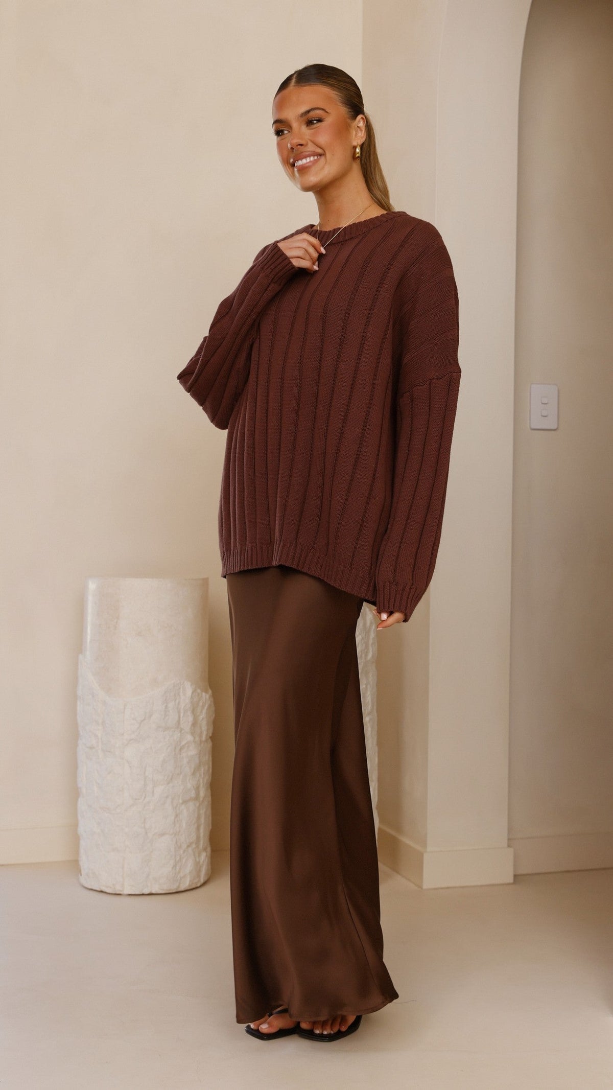 Naiva Oversized Wide Rib Crew Neck Cotton Jumper – Brown – view 9