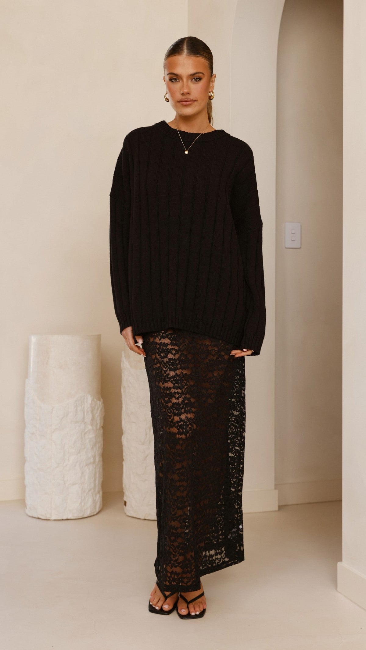 Naiva Oversized Wide Rib Crew Neck Cotton Jumper – Black – view 6