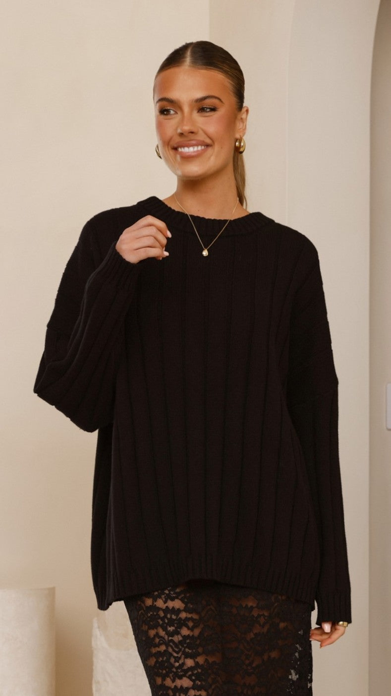 Naiva Oversized Wide Rib Crew Neck Cotton Jumper – Black
