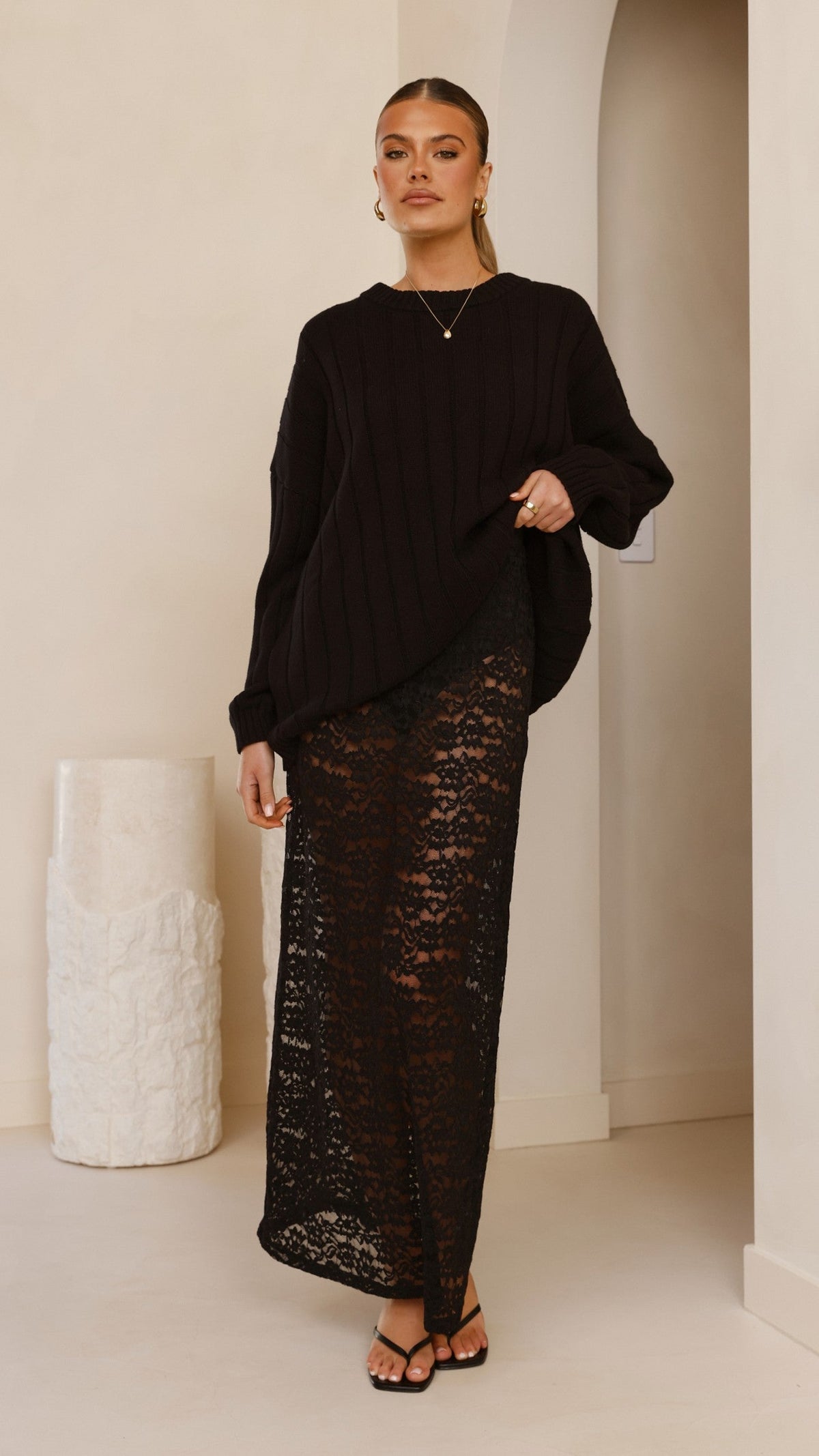 Naiva Oversized Wide Rib Crew Neck Cotton Jumper – Black – view 4