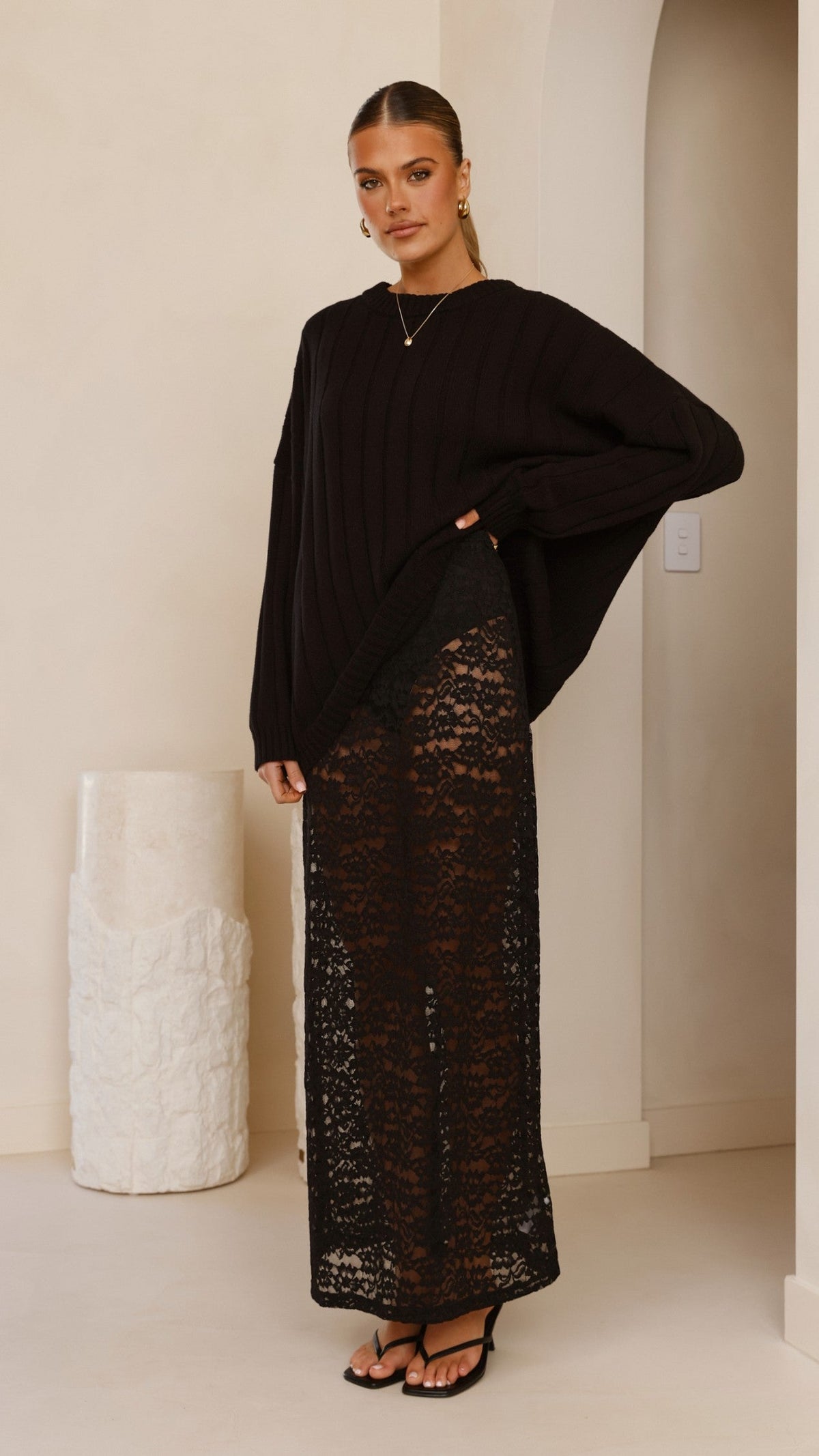 Naiva Oversized Wide Rib Crew Neck Cotton Jumper – Black – view 8