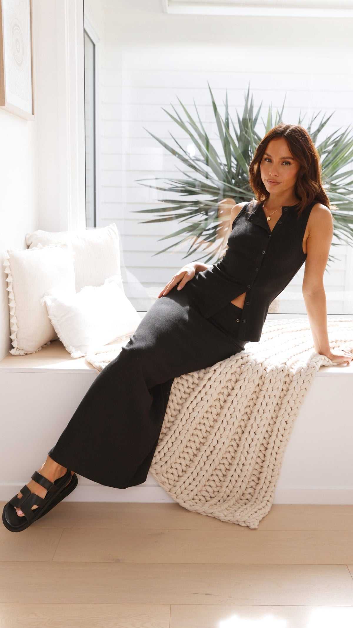 Rahela Sleeveless Ribbed Cotton Button Top and Maxi Skirt Set – Black – view 13