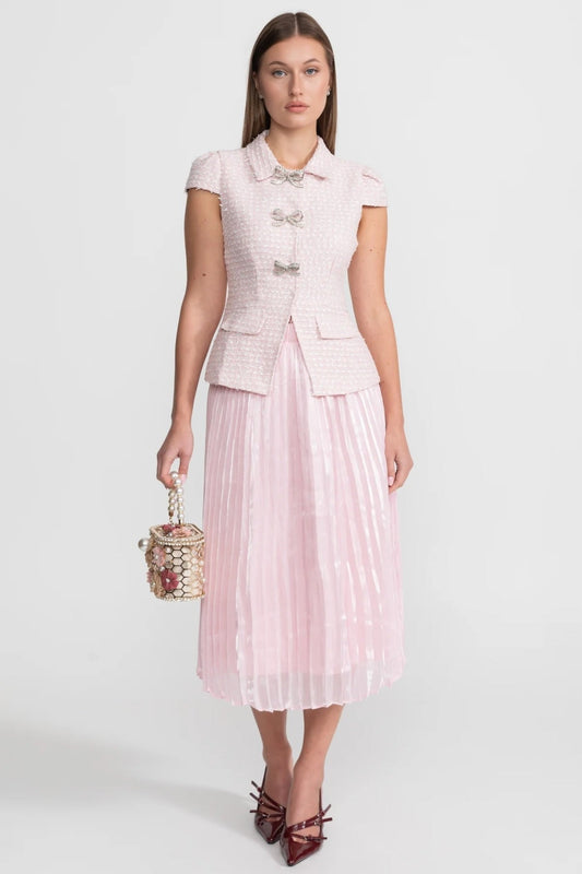 Tweed Top and Pleated Organza Midi Skirt Set with Crystal Bow Buttons – Pink
