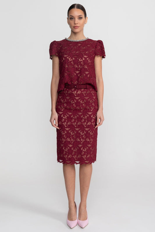 Floral Lace Short Sleeve Top and Midi Skirt Set with Crystal Neckline – Burgundy