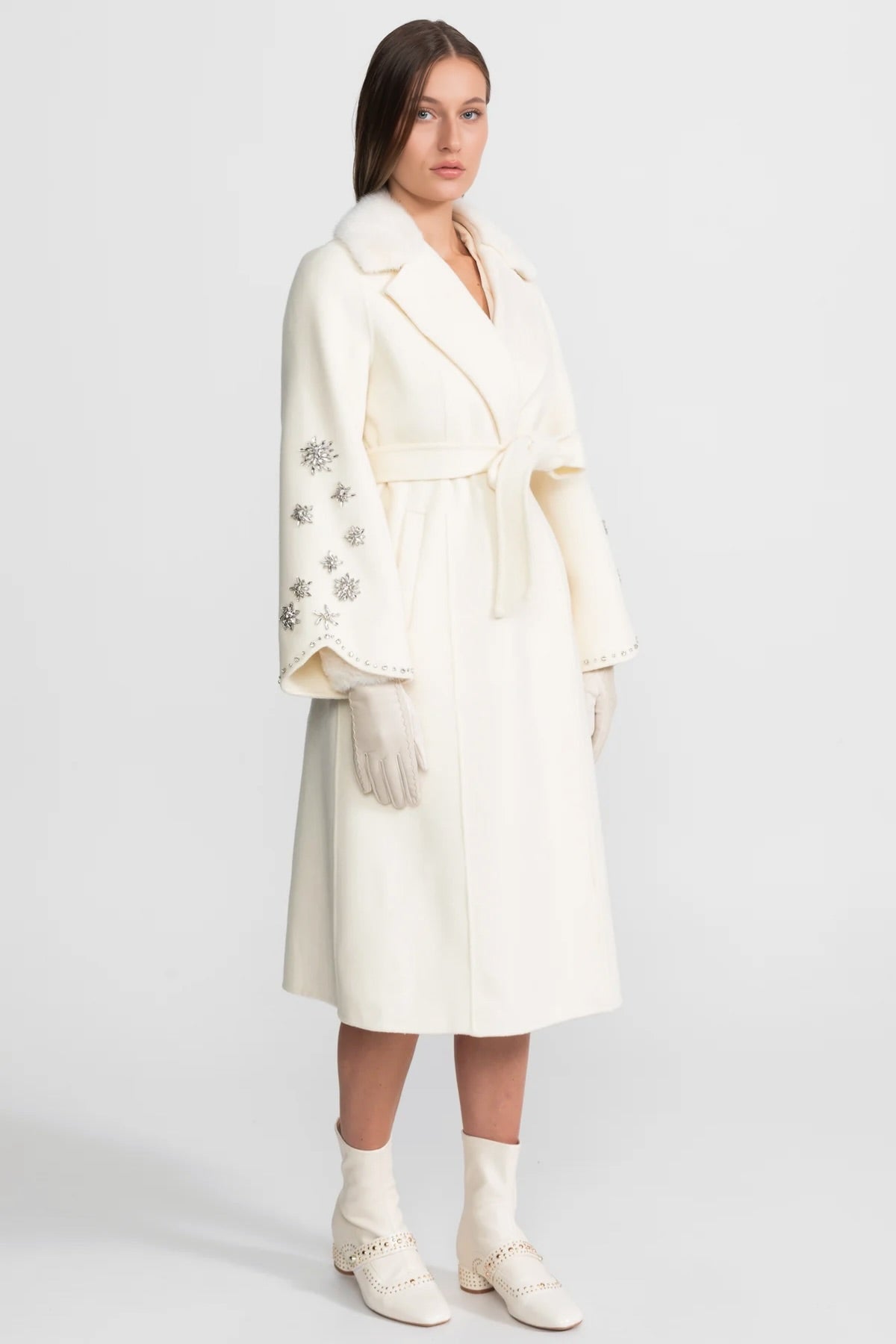 Crystal Embellished Wool Cashmere Wrap Coat – Ivory – view 3