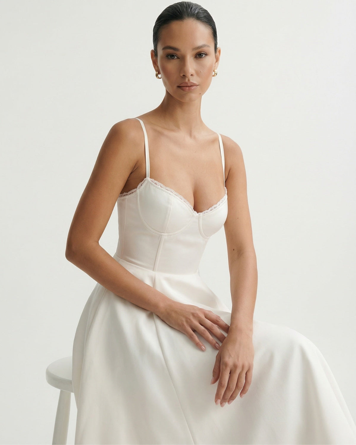 Giulia Duchess Satin Midi Dress with Tulle Underskirt – Ivory White
