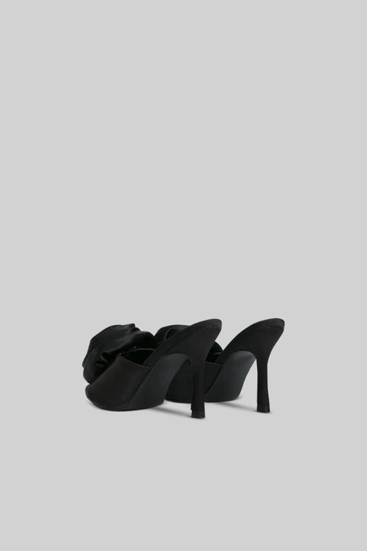 Satin Heeled Sandals with Flower Pom Pom Detail – Black – view 2