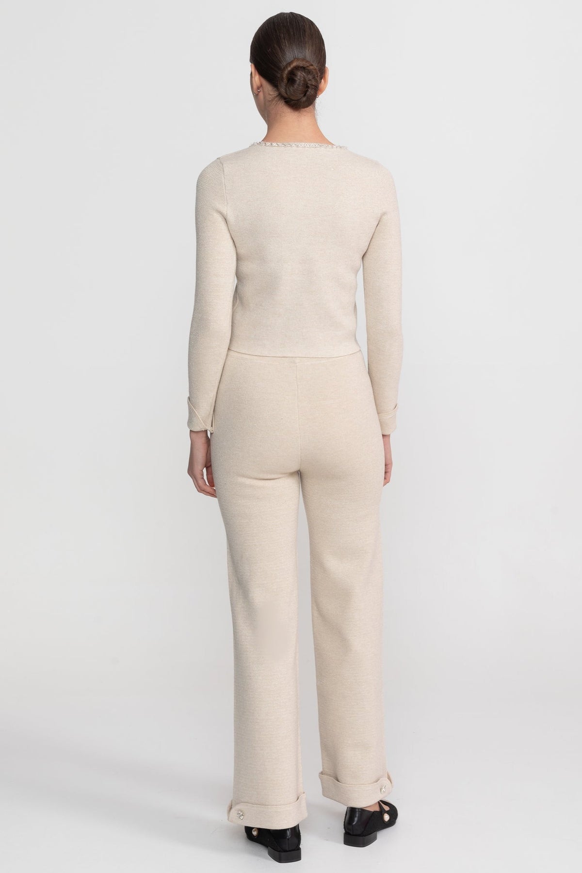 Embellished Cropped Knit Cardigan and Wide Leg Trousers Set – Beige – view 4