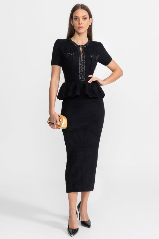 Textured Knit Peplum Midi Dress with Trim Detail – Black