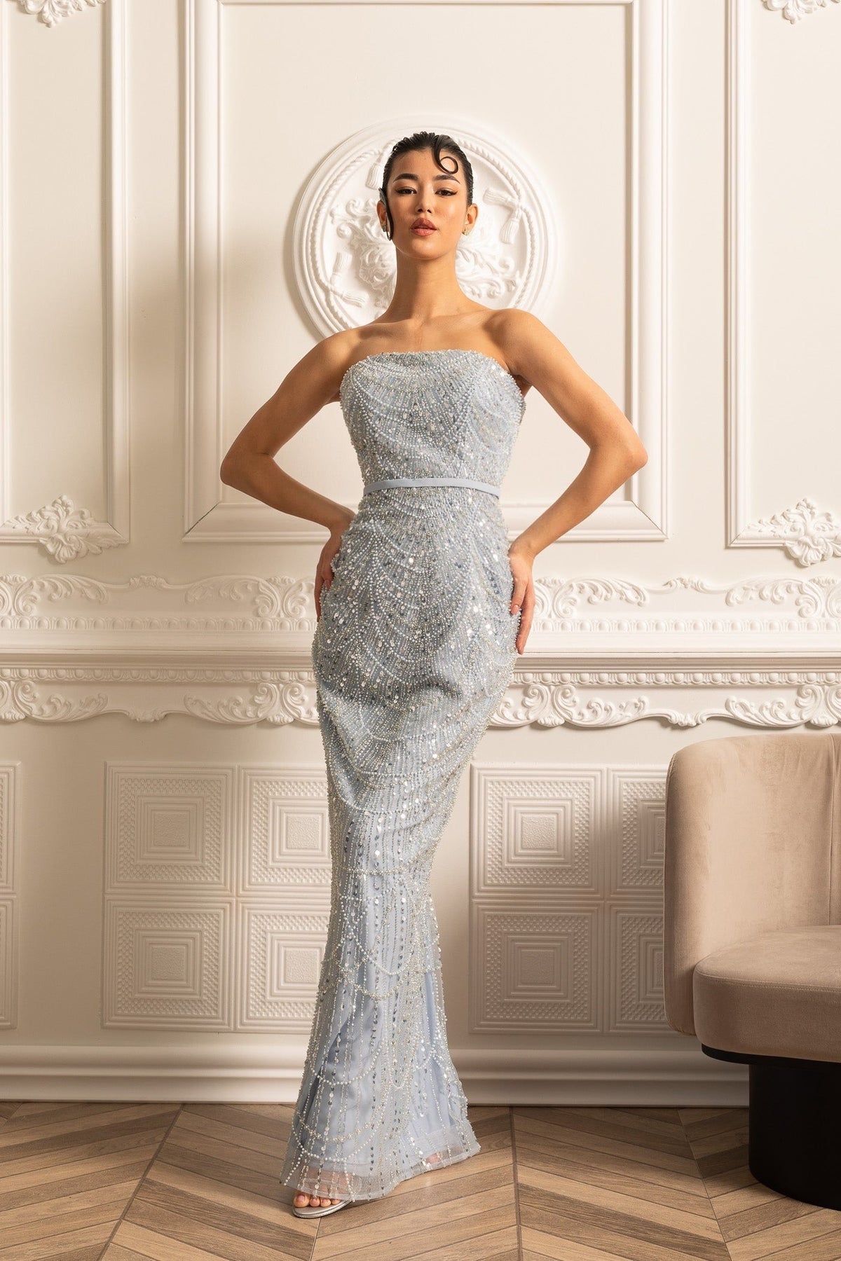 Beaded Sheer Corset Gown with Detachable Veil – Blue – view 3