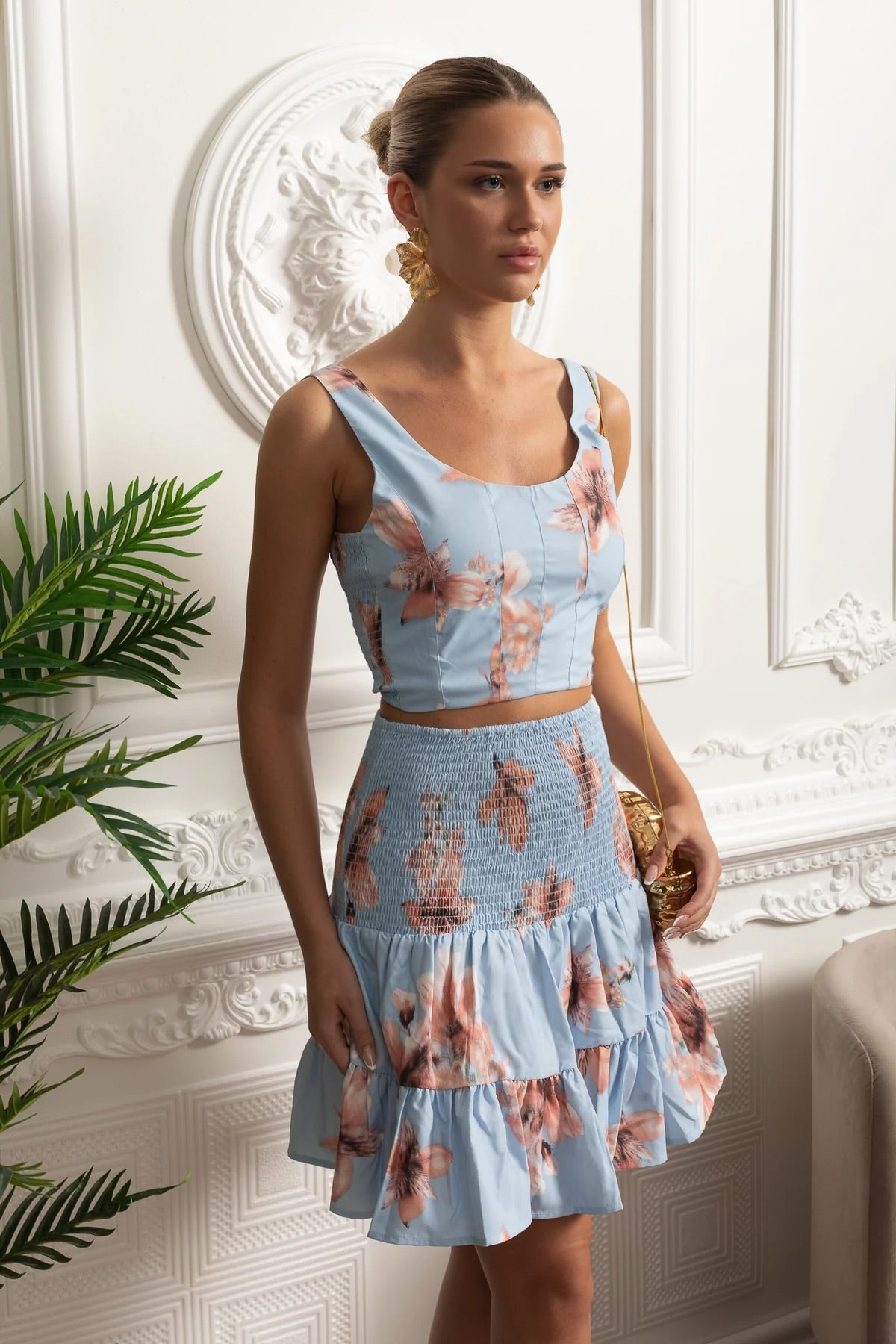 Floral Sleeveless Crop Top and Smocked Tiered Mini Skirt Set – Blue – view 1