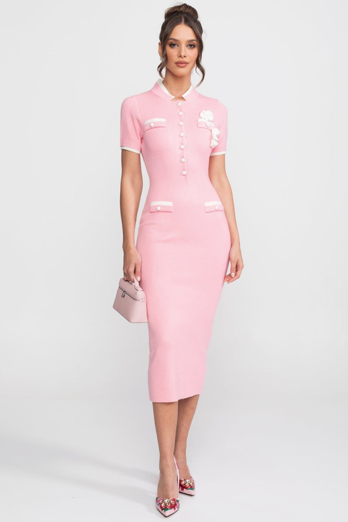 Fine Rib Knit Button-Through Midi Dress with Contrast Trim and Pockets – Pink – view 4