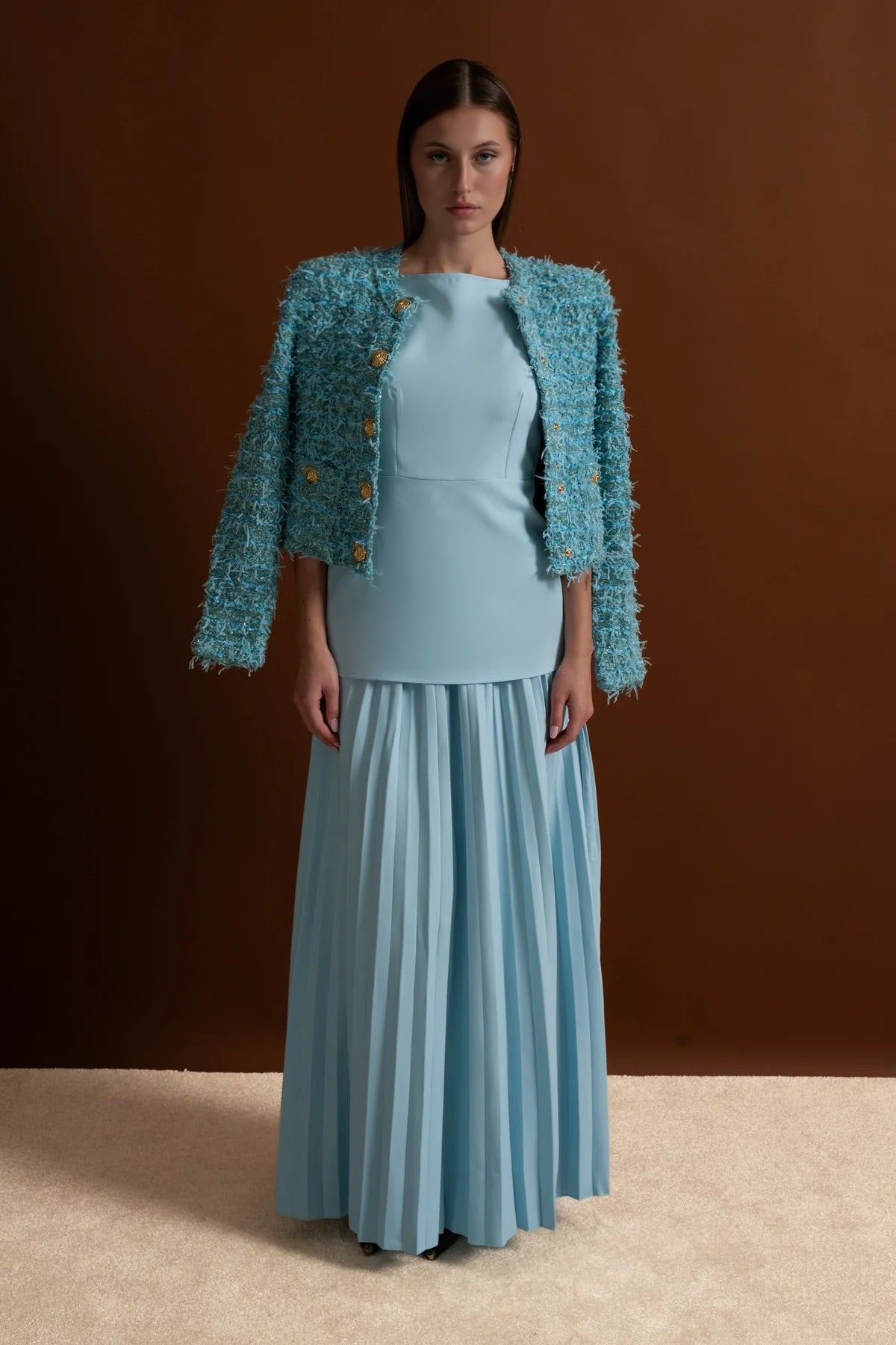 Round Neck Textured Tweed Jacket with Gold Buttons – Blue – view 3