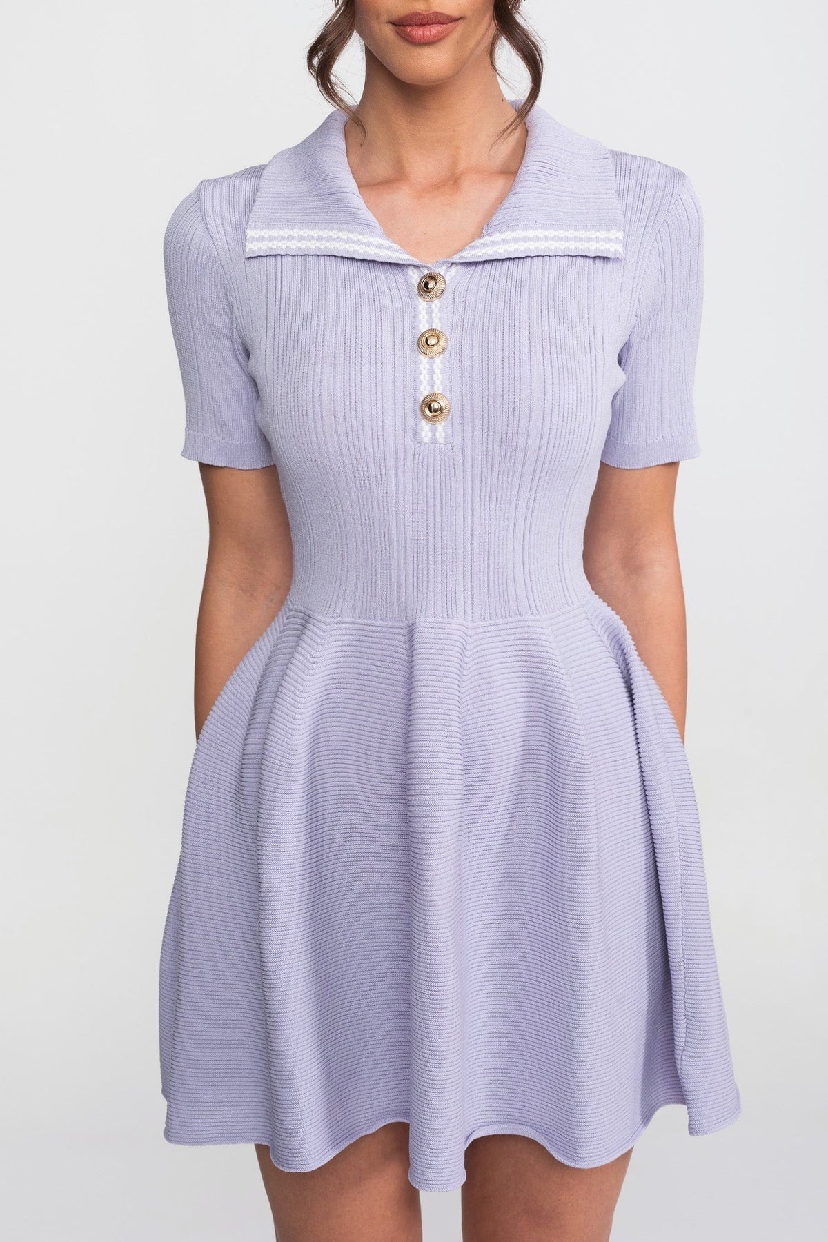 Ribbed Knit Open Polo Collar A-Line Mini Dress – Lilac – view 4