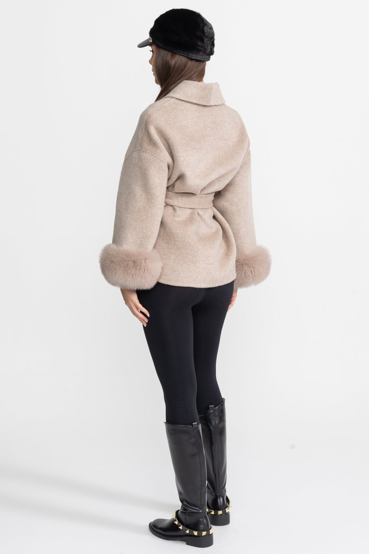 Wool Blend Wrap Jacket with Plush Cuffs – Beige – view 8