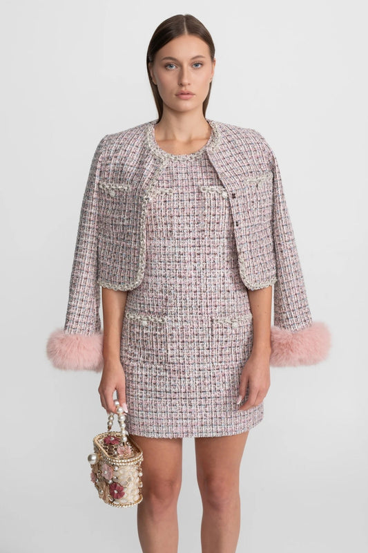 Open Front Tweed Cropped Jacket with Faux Fur Cuffs – Pink – view 2