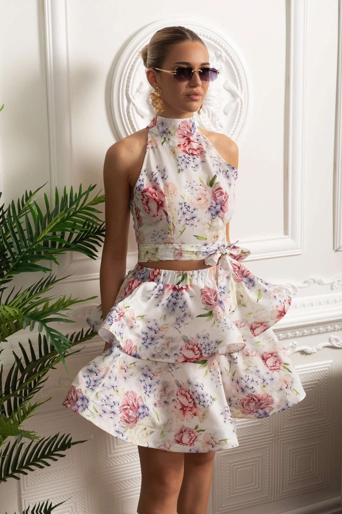 Floral Halter Crop Top and Layered Ruffle Mini Skirt Set – White/Pink – view 1