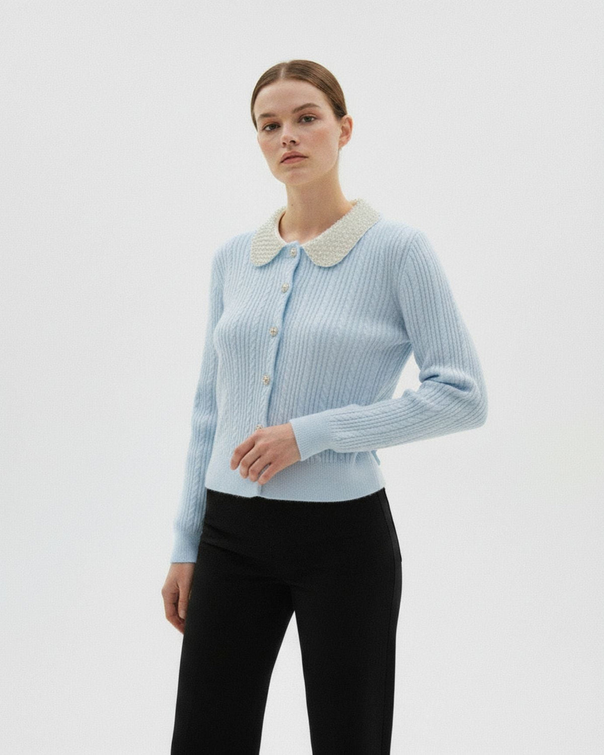 French Style V-Neck Cardigan with Mother-of-Pearl Buttons – view 8