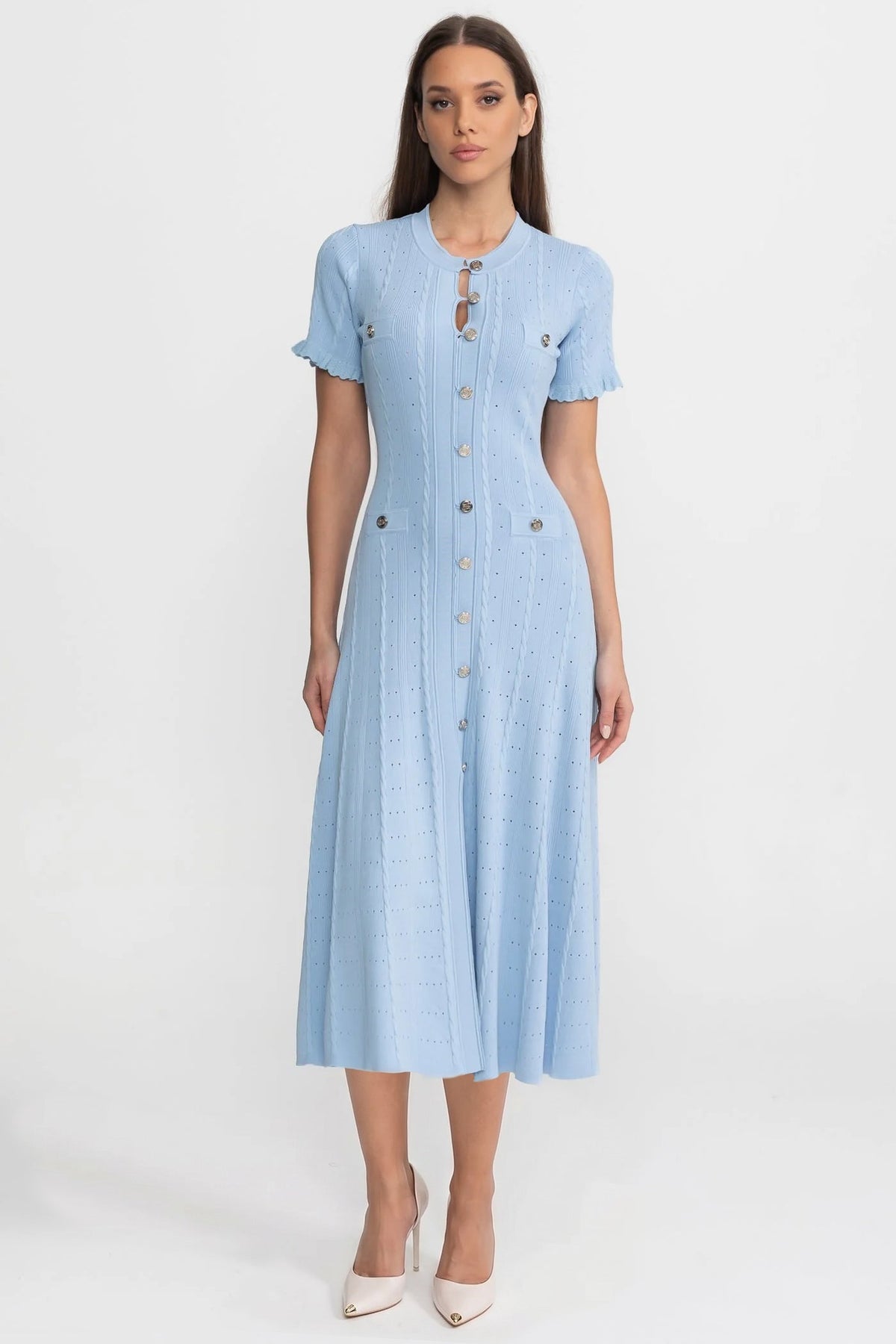 Knit Button-Front Midi Dress with Short Scalloped Sleeves – Baby Blue