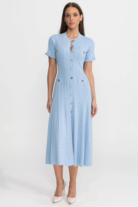 Knit Button-Front Midi Dress with Short Scalloped Sleeves – Baby Blue