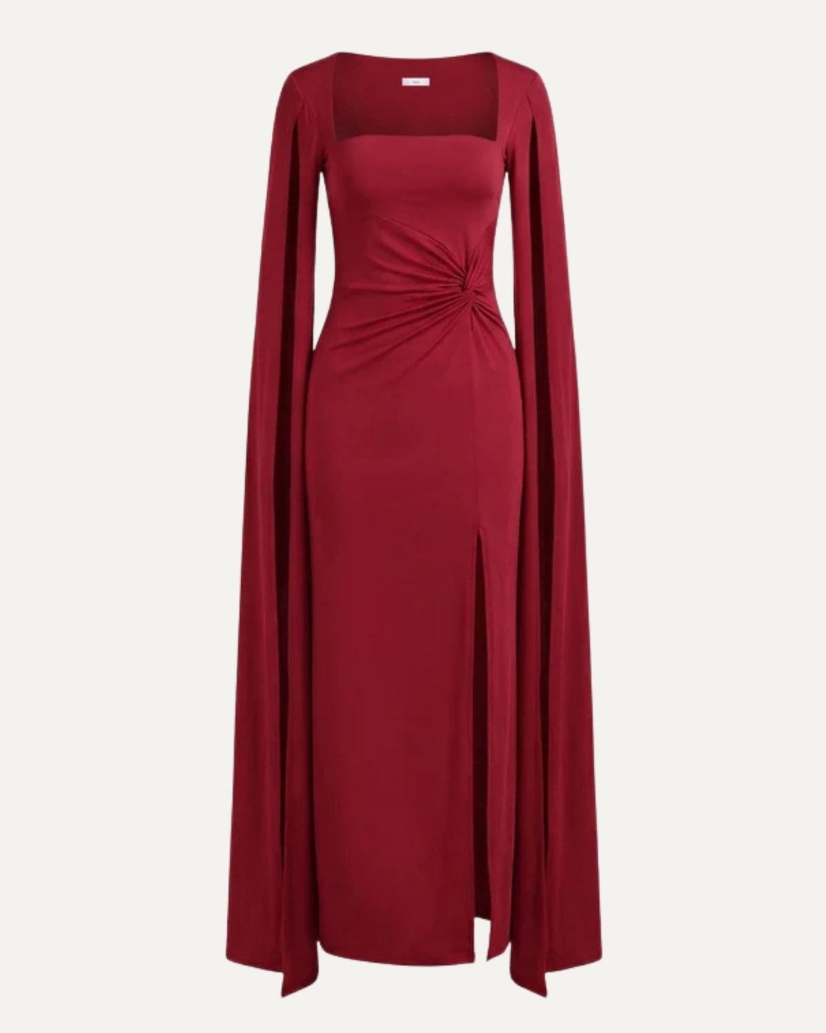 Square Neck Long Sleeve Satin-Finish Dress with High Side Slit