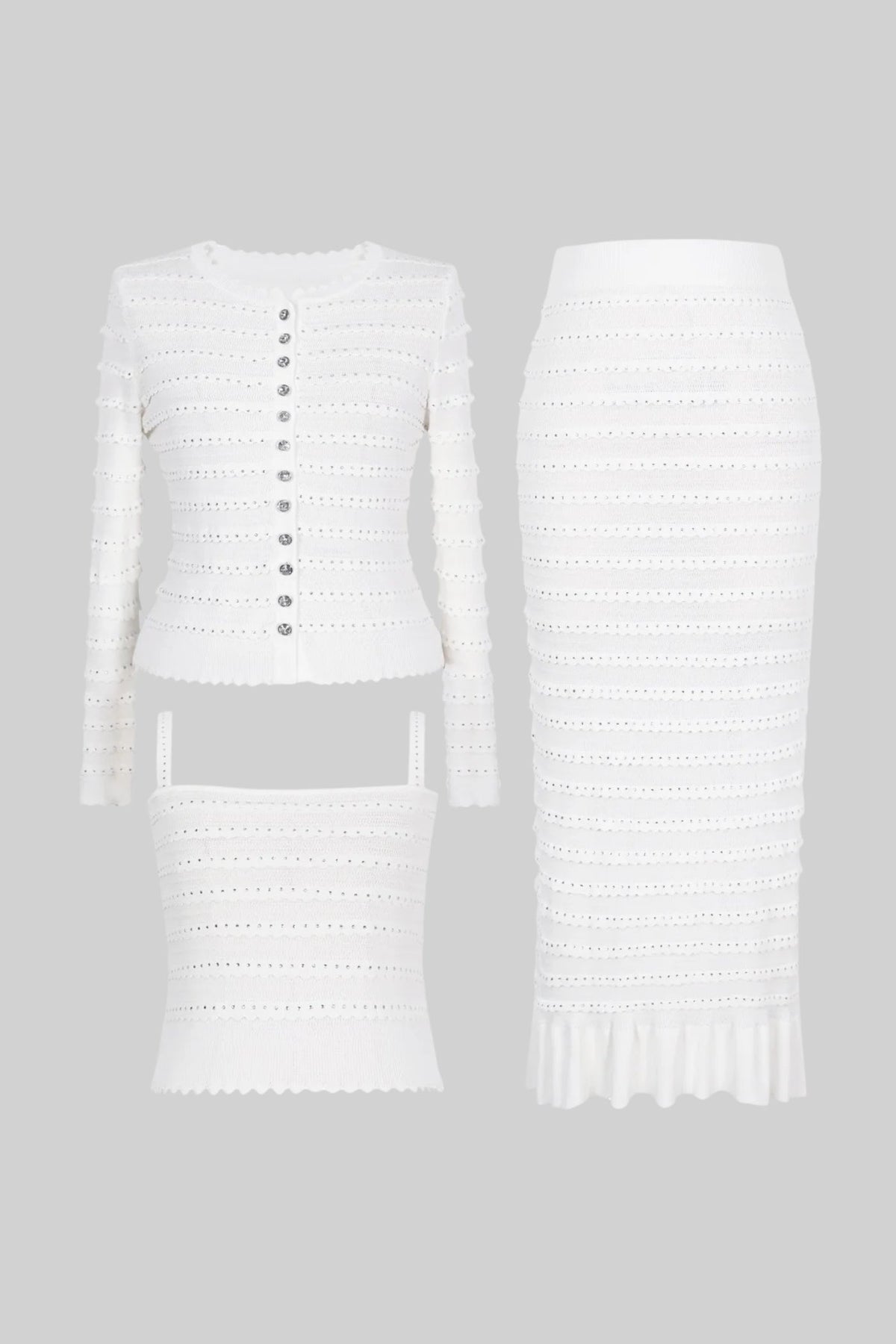 Bouclé Knit Puff Sleeve Blazer, Top and Midi Skirt Three-Piece Set – White – view 7