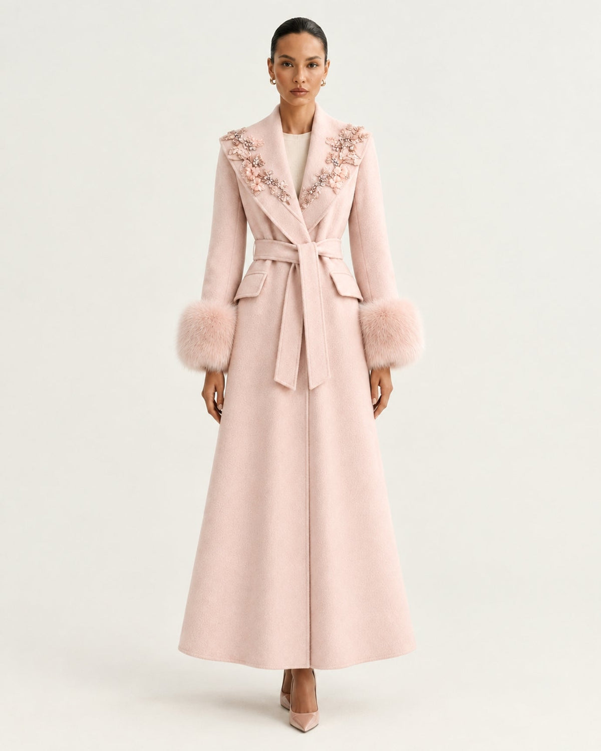 Hamptons Long Wool Cashmere Coat with Embellished Collar – view 2