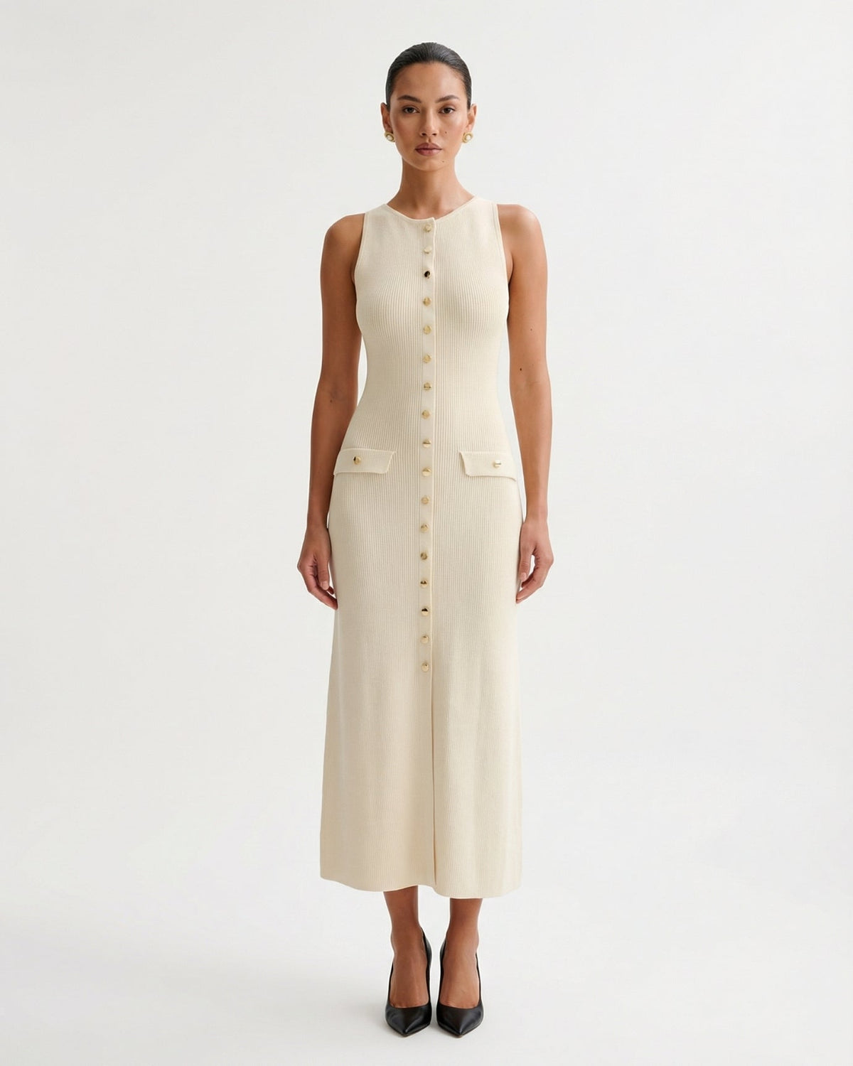 Old Money Form-Skimming Knitted Wool Blend Dress – Apricot – view 2