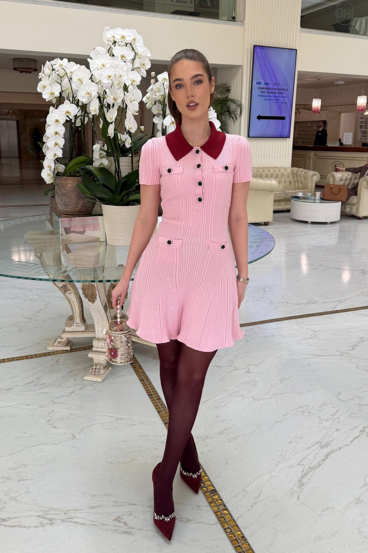 Ribbed Knit Contrast Collar Button Front Mini Dress – Blush Pink – view 4