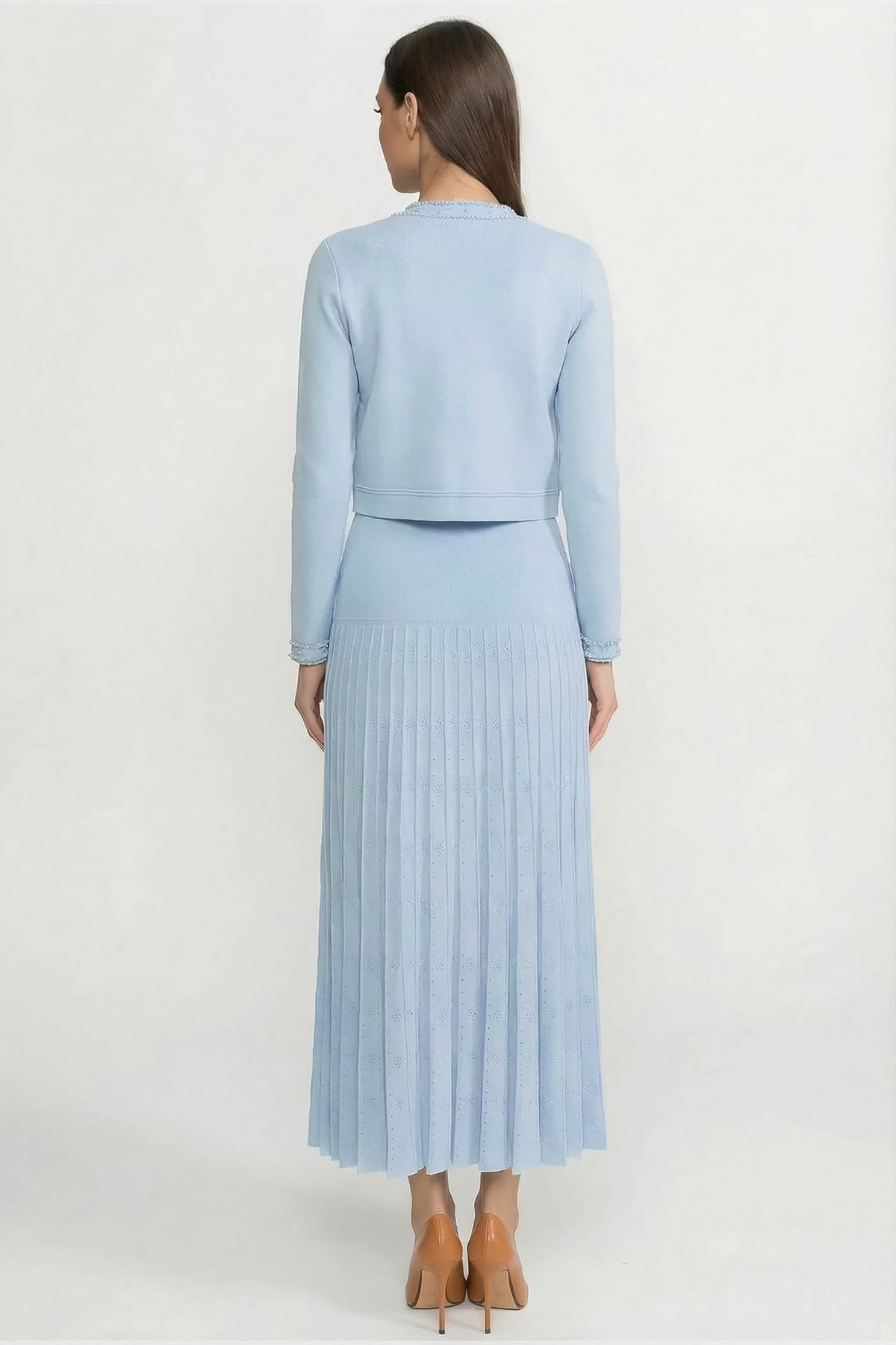 Cropped Knit Cardigan with Pearl Buttons and Embellishments – Blue – view 7