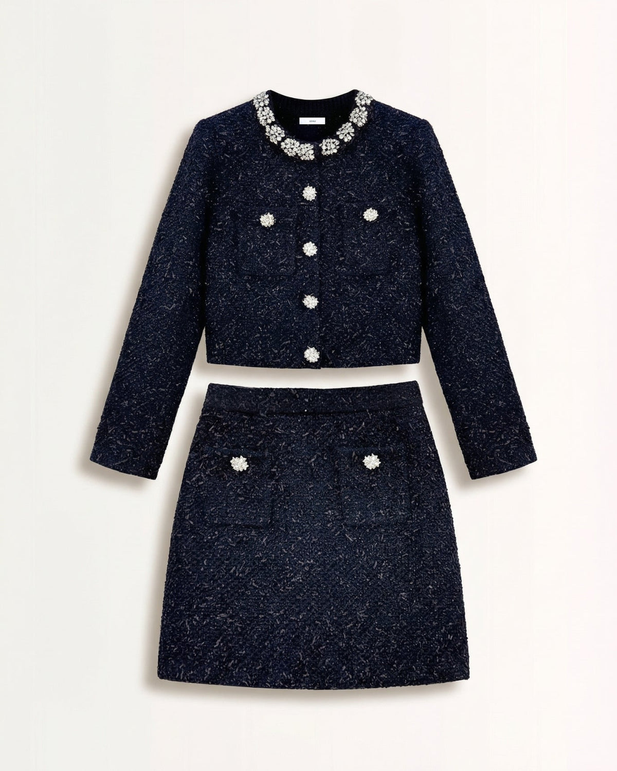 Rhinestone Heavy-Inlaid Knit Cardigan and Midi Skirt Set
