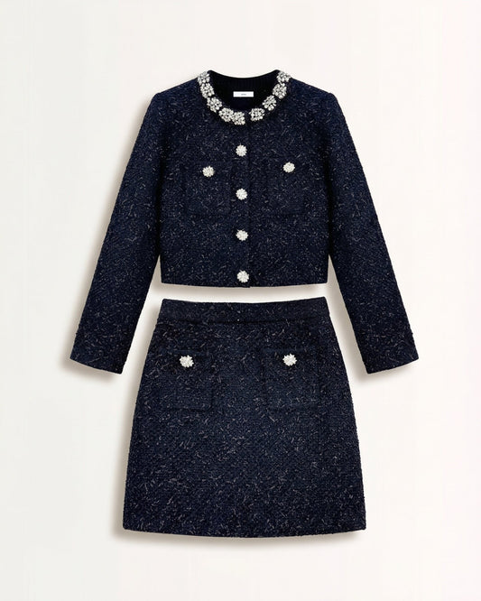 Rhinestone Heavy-Inlaid Knit Cardigan and Midi Skirt Set