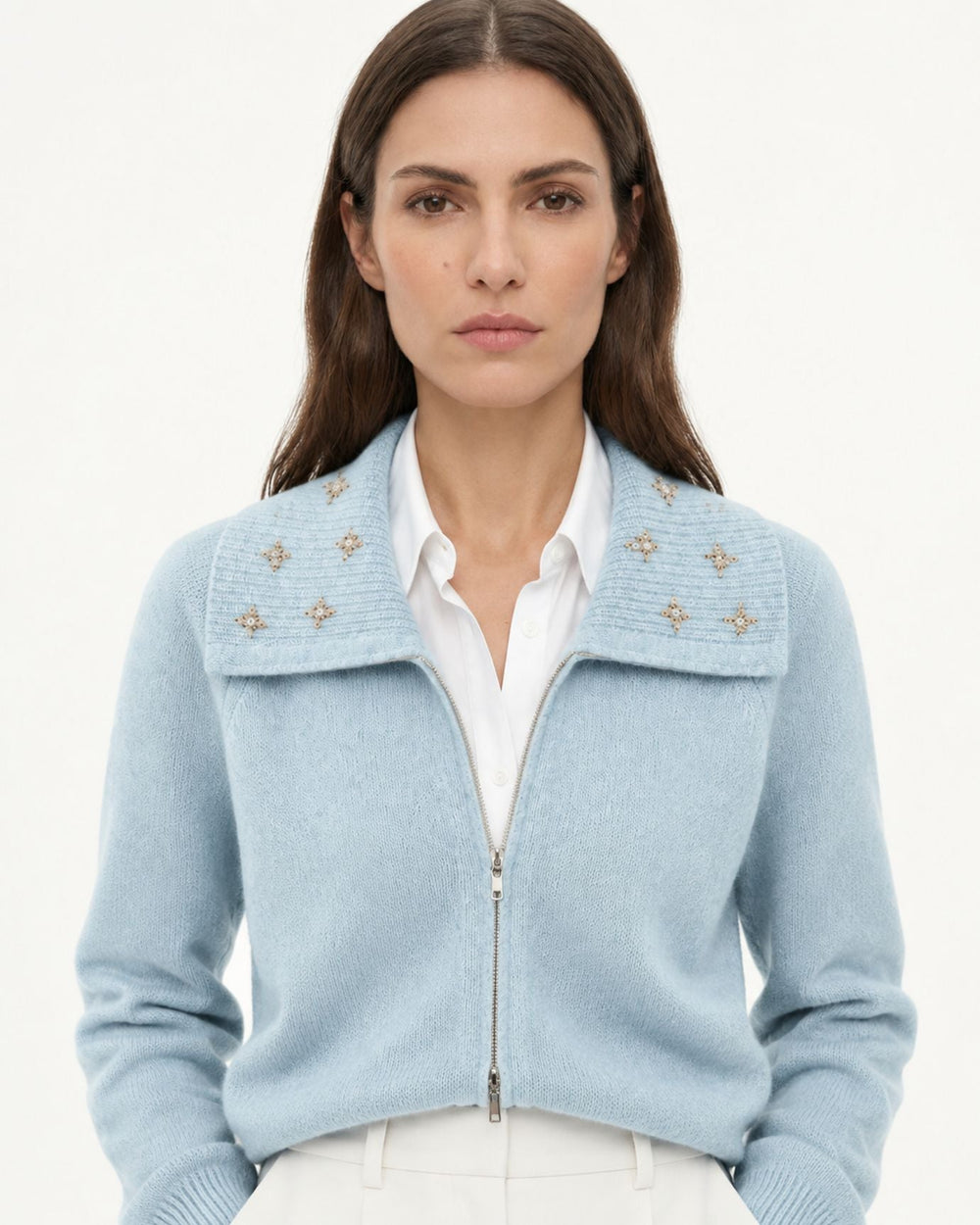Lina Beaded and Embroidered Cashmere Zip Cardigan with Lapel Collar