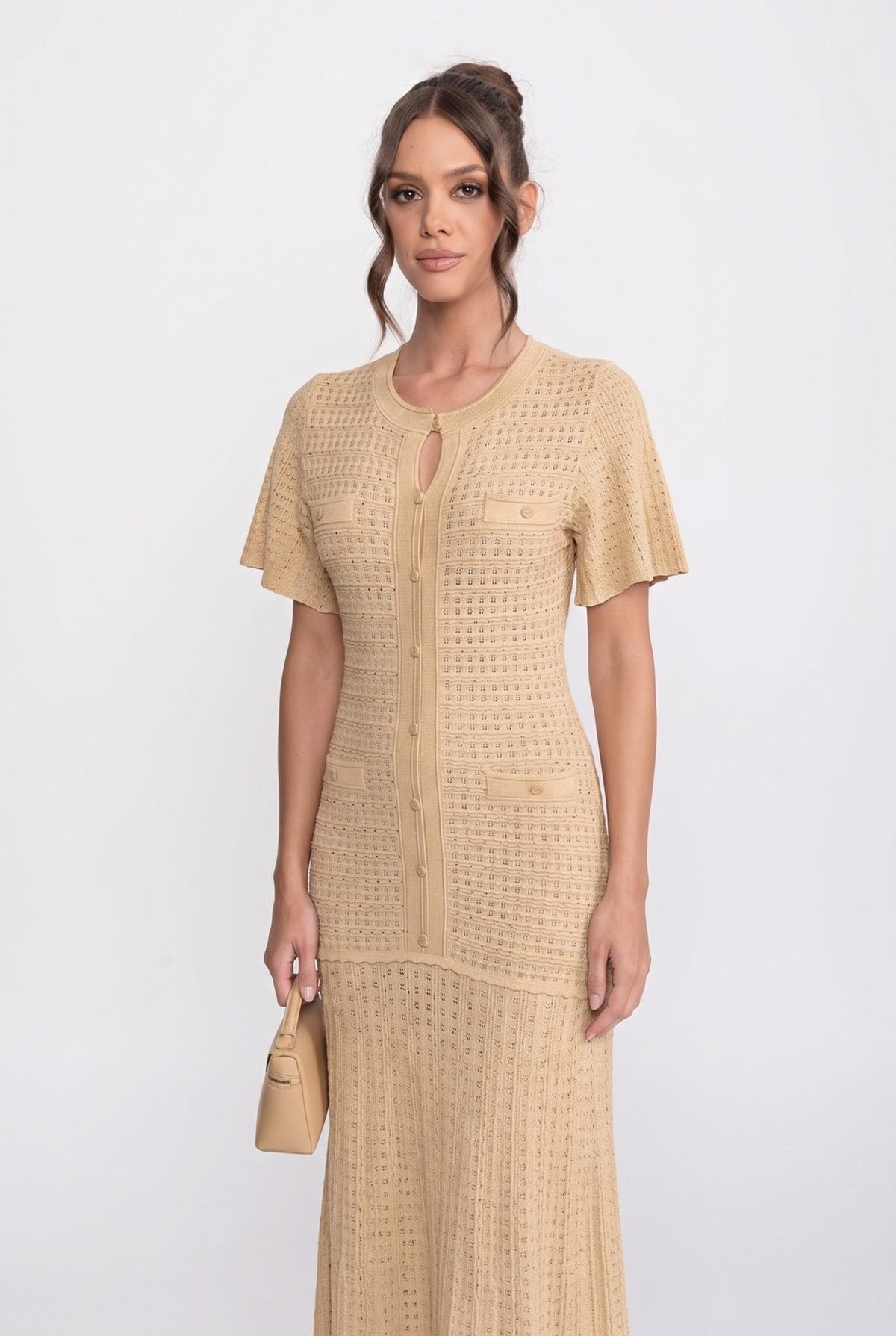 Shimmer Knit Button Front Midi Dress with Pleated Skirt – Beige – view 2