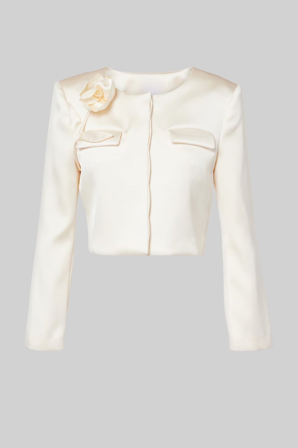 Round Neck Satin Cropped Jacket with Floral Embellishment – Ivoire – view 1