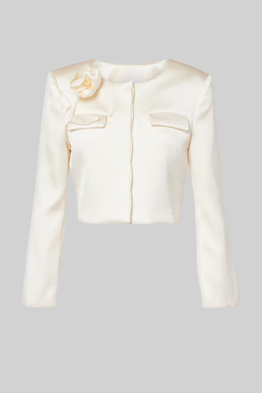 Round Neck Satin Cropped Jacket with Floral Embellishment – Ivoire