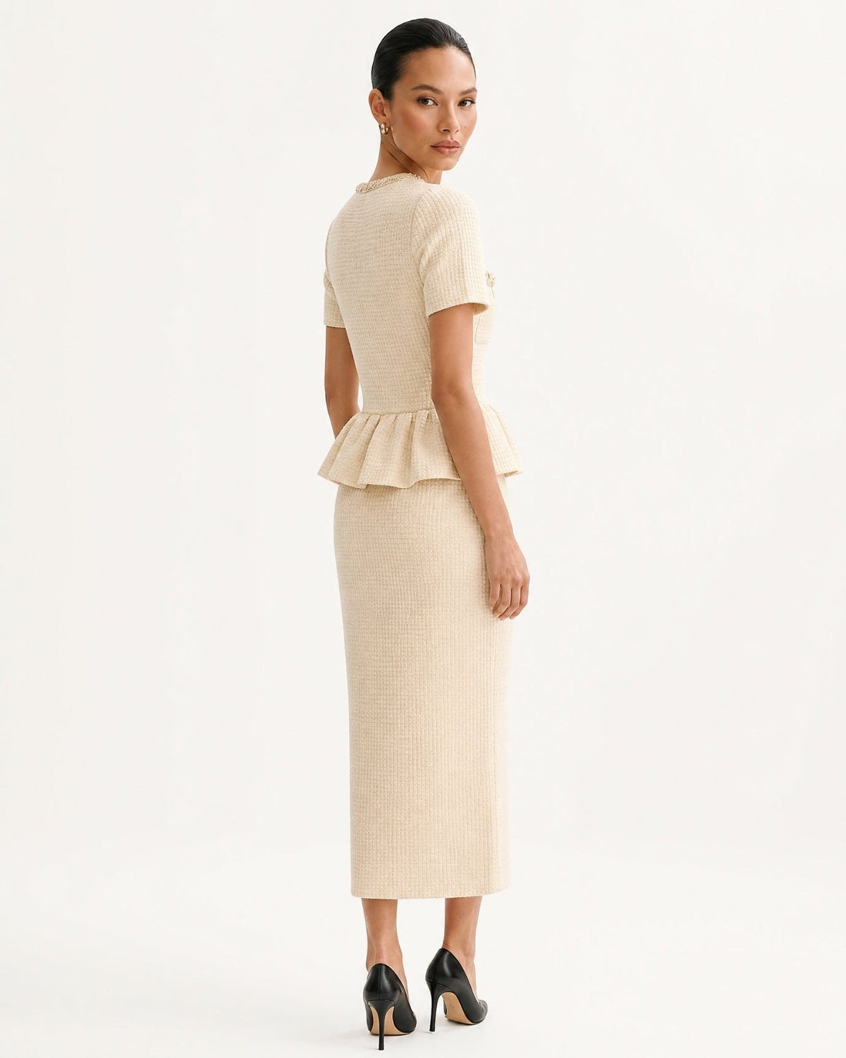 Embellished Short Sleeve Fitted Viscose Knit Midi Dress – view 15