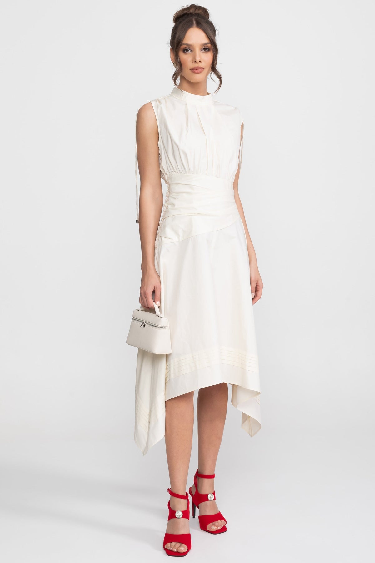 High Neck Ruched Waist Midi Dress with Handkerchief Hem – Ivory – view 3