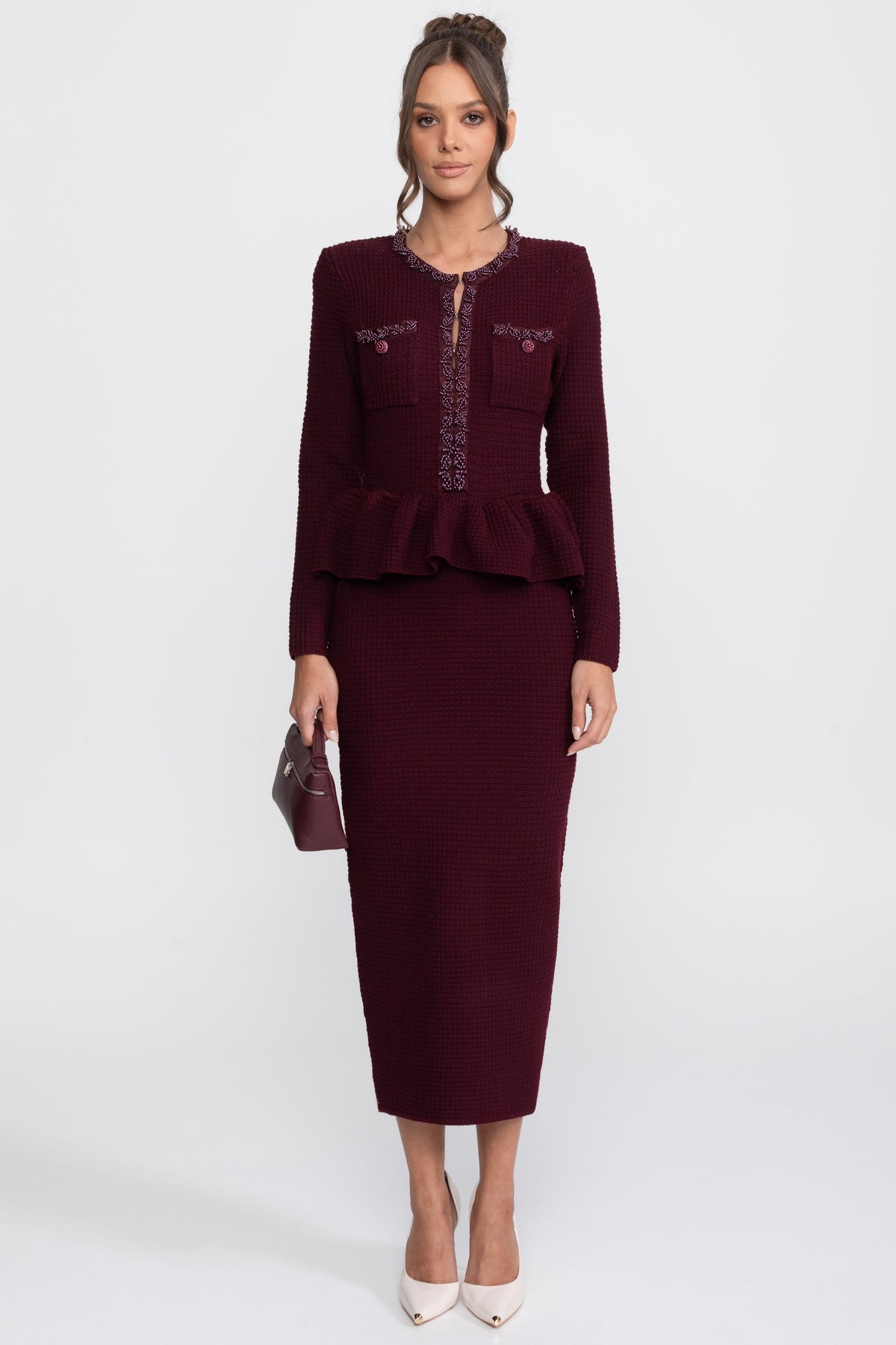 Fringe Trim Long Sleeve Knit Peplum Pencil Dress with Pockets – Burgundy – view 2