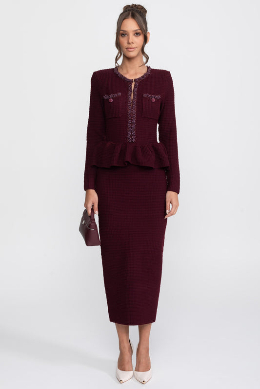 Fringe Trim Long Sleeve Knit Peplum Pencil Dress with Pockets – Burgundy – view 2