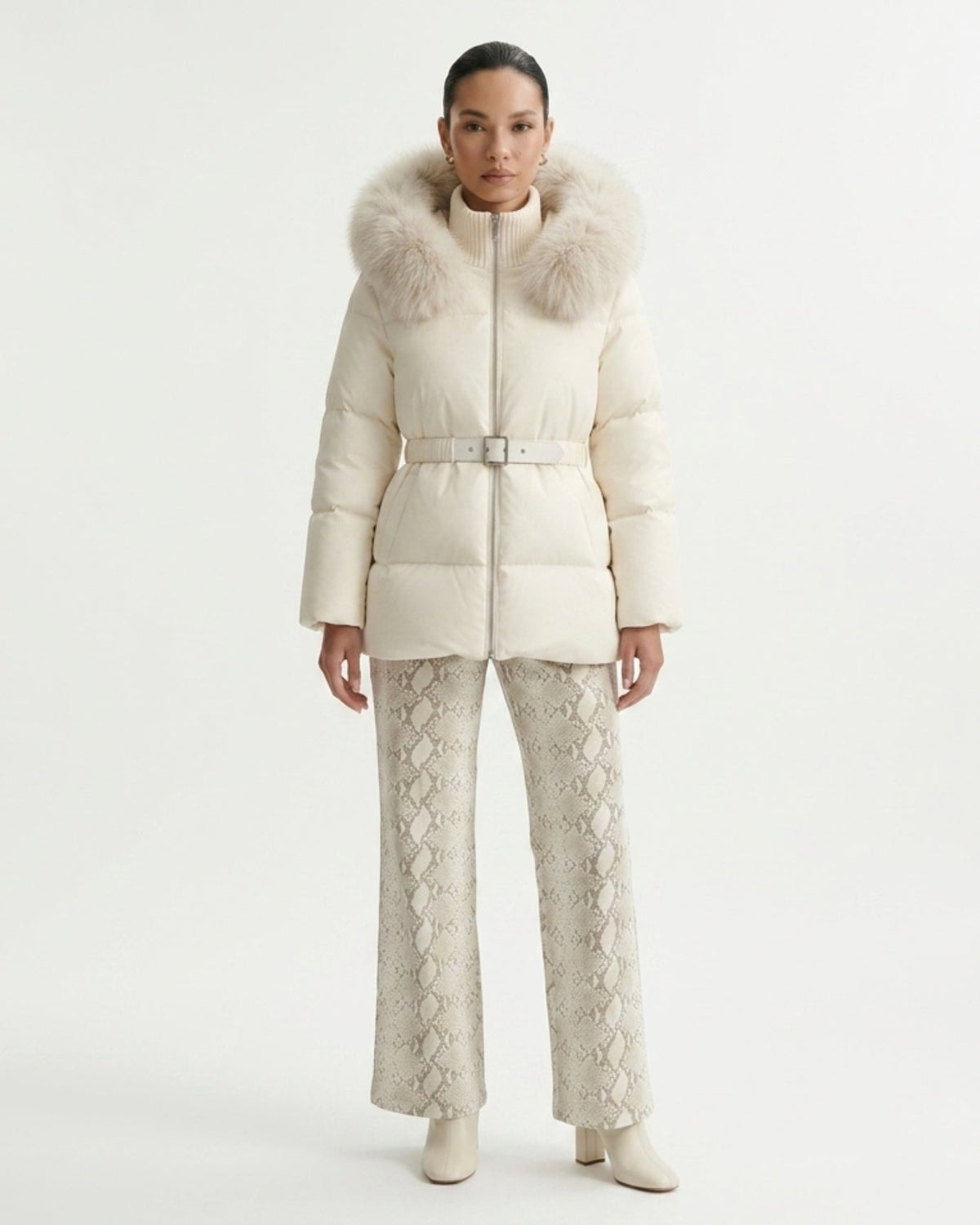 Goose Down Parka Coat with Trimmed Hood