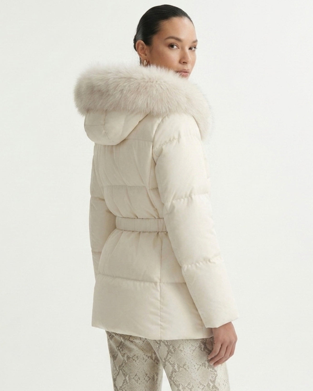 Goose Down Parka Coat with Trimmed Hood