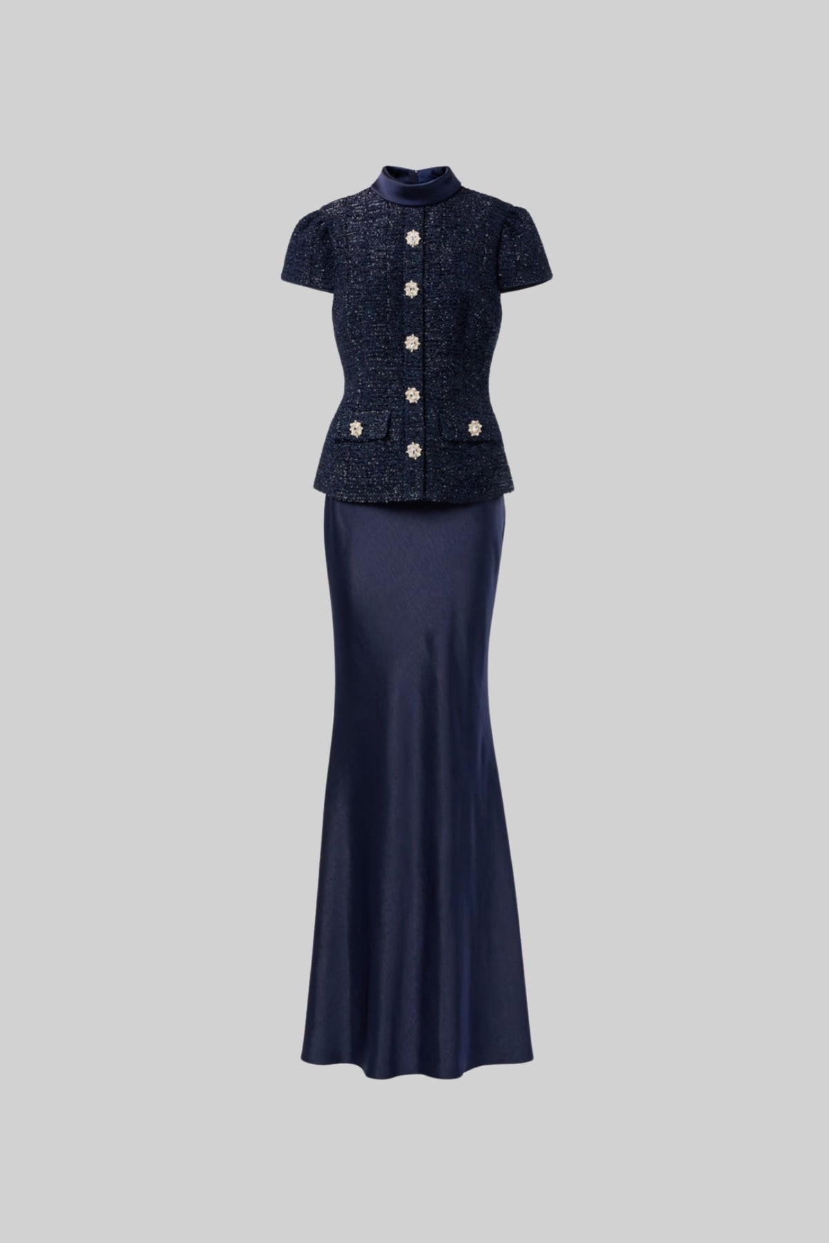 Embellished Tweed Top and Satin Maxi Skirt Co-ord Set – Navy – view 3