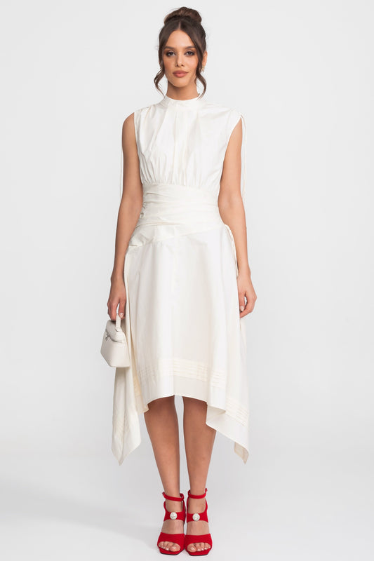 High Neck Ruched Waist Midi Dress with Handkerchief Hem – Ivory
