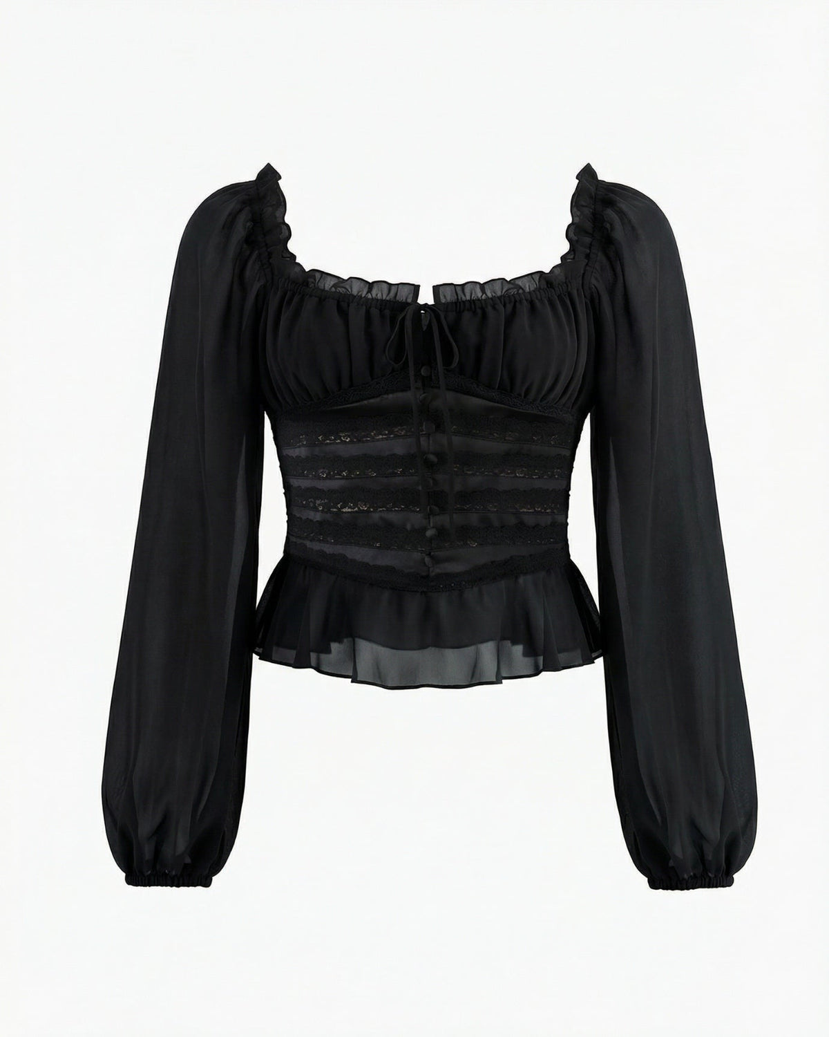 Slim Fit Long Sleeve Top with Ruffled Hem – Black – view 1