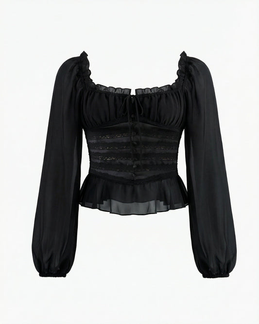 Slim Fit Long Sleeve Top with Ruffled Hem – Black