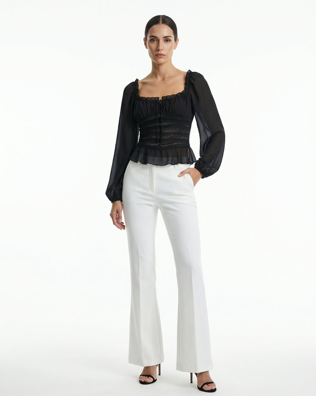 Slim Fit Long Sleeve Top with Ruffled Hem – Black – view 2
