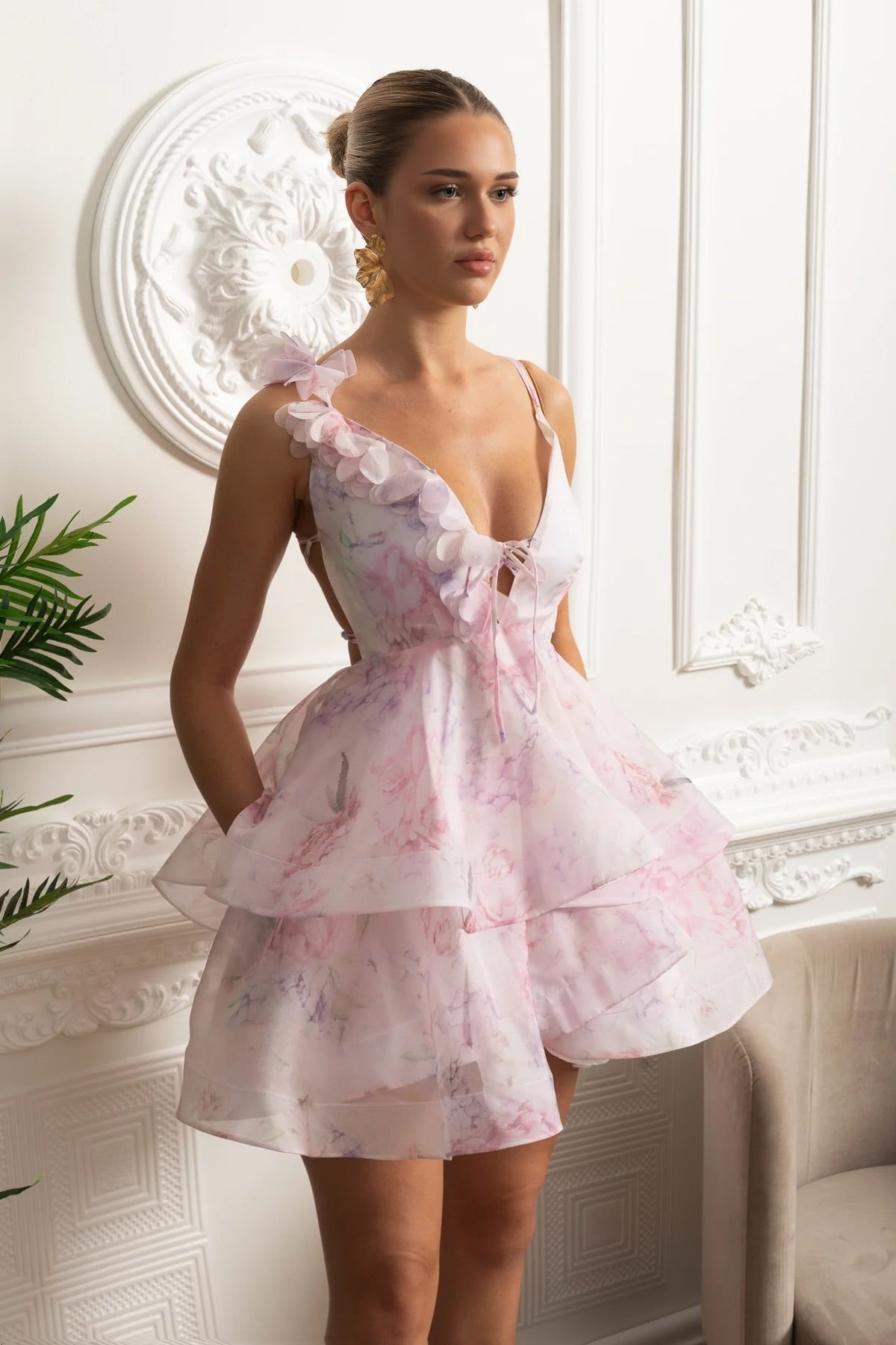 Floral Organza Asymmetric Mini Dress with 3D Appliqué and Tiered Ruffles – Pink – view 4